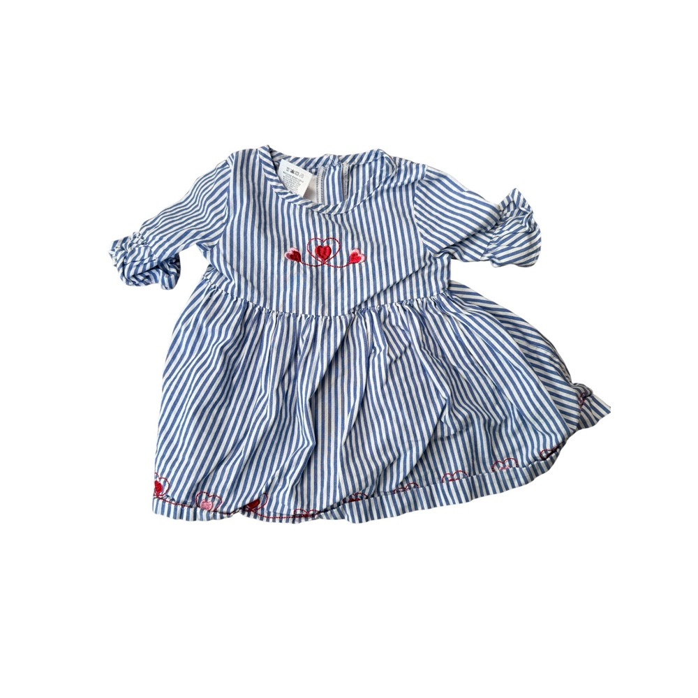Bonnie Baby Girls Blue White Striped Heart Embroidered Dress 18M R17709-PS